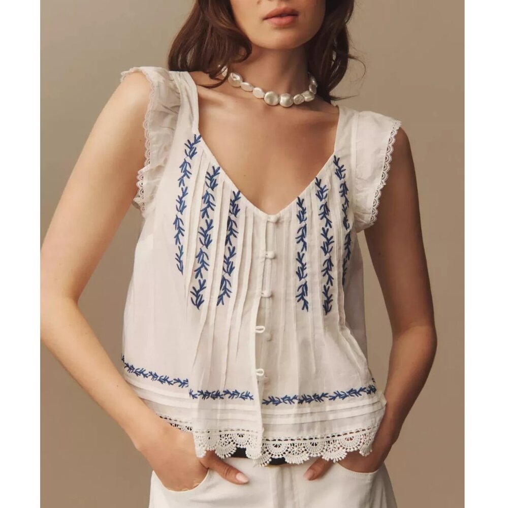 Anthropologie Maeve Flutter-Sleeve Pintuck Top White Large
